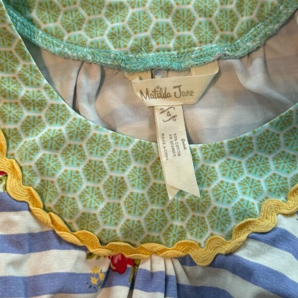 Matilda Jane Girls Ruffle Sleeveless Top Blue Striped Floral Yellow Size 4 - Picture 7 of 7